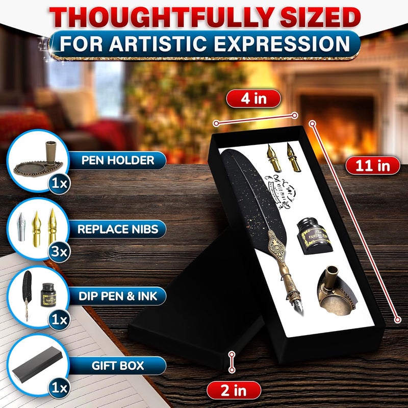 Kotko Vintage Feather Quill Pen and Ink Set – Black Feather Pen and Ink Set with Stainless Steel Nib & Stand for Calligraphy Beginners, Authors & Writers – Unique Gift & Vintage Decor for Home & Office - Image 2